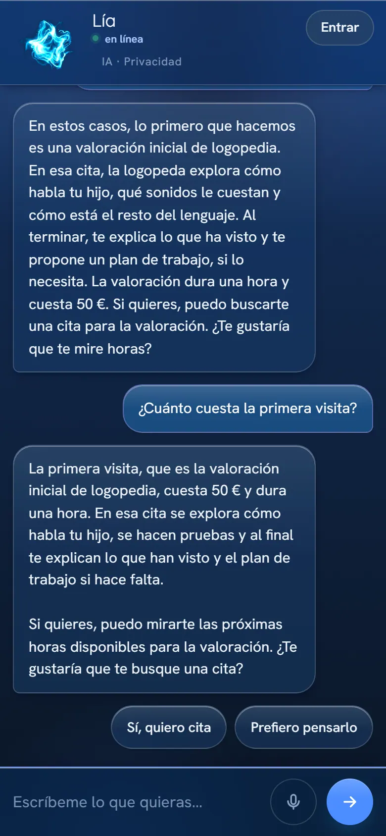 Chat de Lía, la asistente de Centro Logopedia: explica la valoración inicial de un niño de 4 años, su duración y su precio.