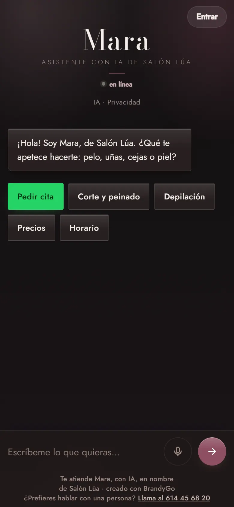 Pantalla de inicio del chat de Mara, con botones para pedir cita, ver precios y horario.