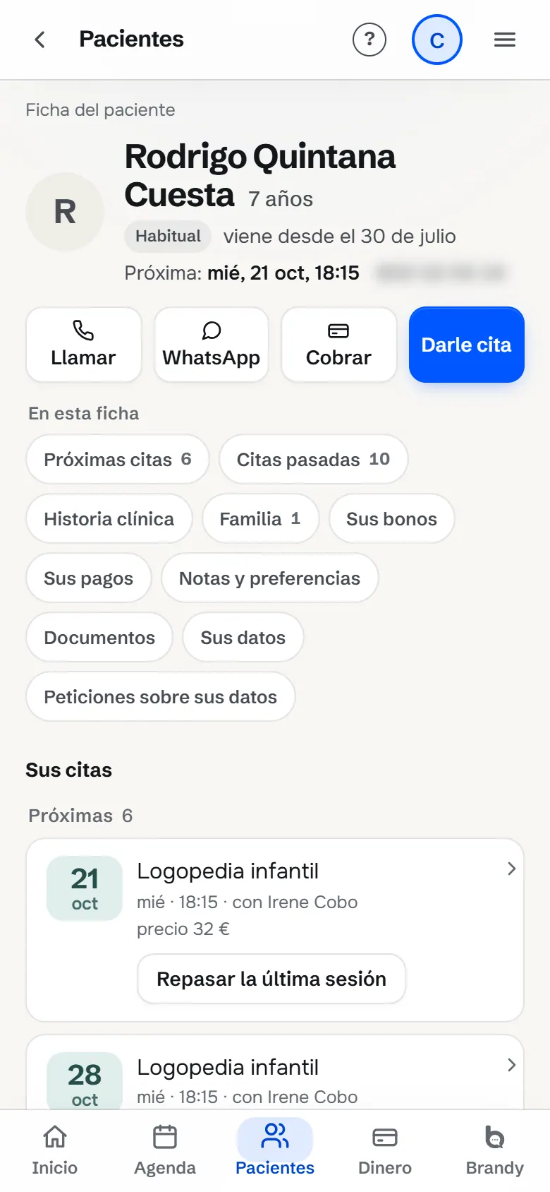 Ficha de un paciente de 7 años: próximas sesiones, historia clínica, familia y pagos.