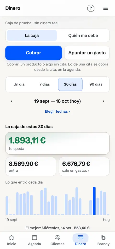Dinero: lo que ha entrado y salido en 30 días y lo que entró cada día.