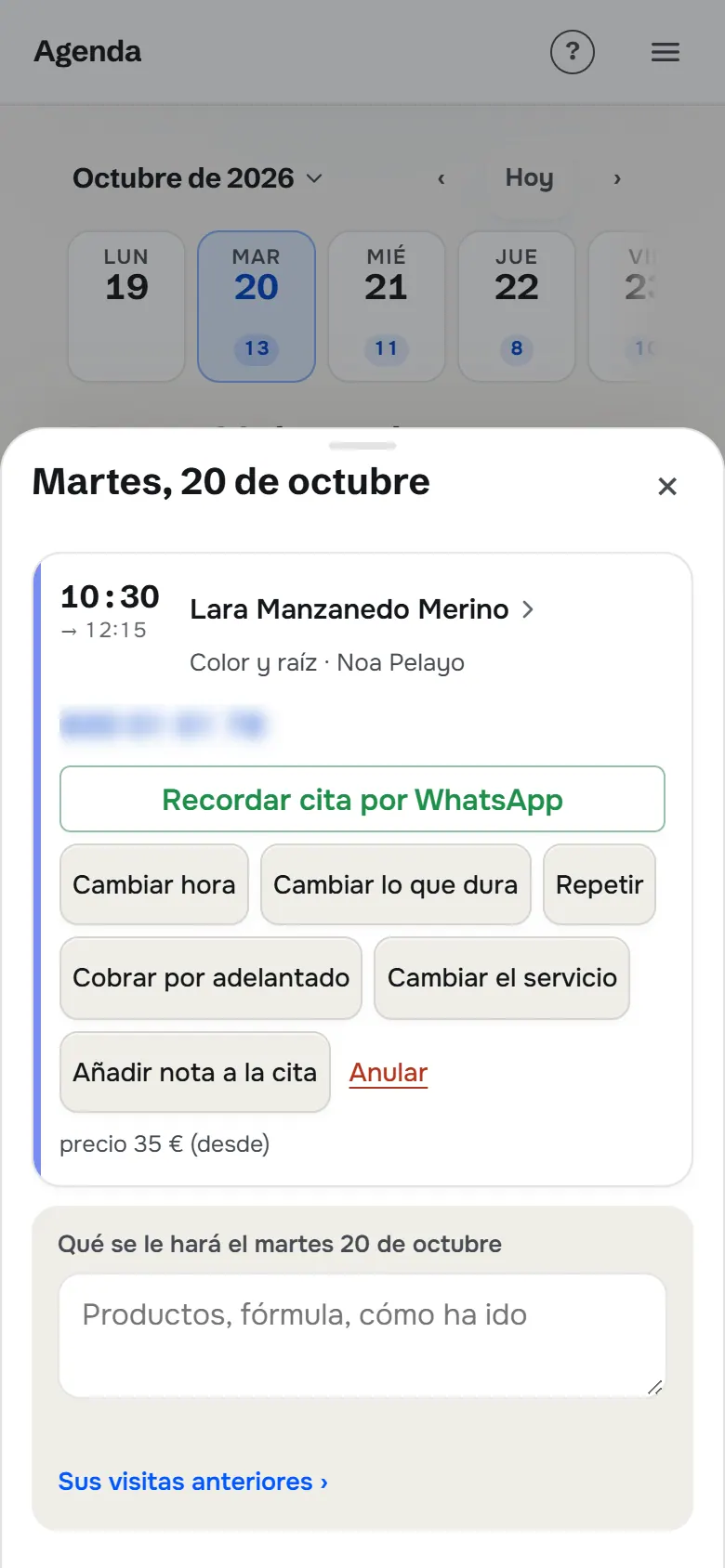 Una cita abierta: recordar por WhatsApp, cambiar la hora o lo que dura, repetir, cobrar por adelantado y lo que se le hará.
