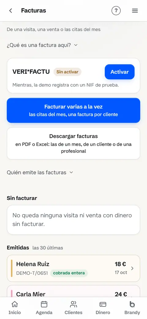 Facturas: VERI*FACTU, facturar varias a la vez, descargar en PDF o Excel y las emitidas.