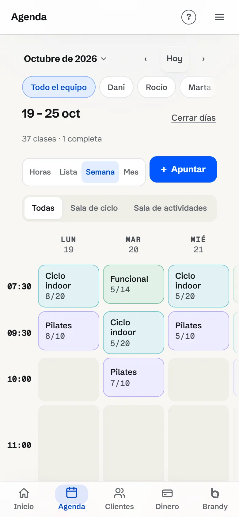Semana de clases de Marea Club Deportivo: ciclo, pilates, funcional, con las plazas ocupadas de cada una.