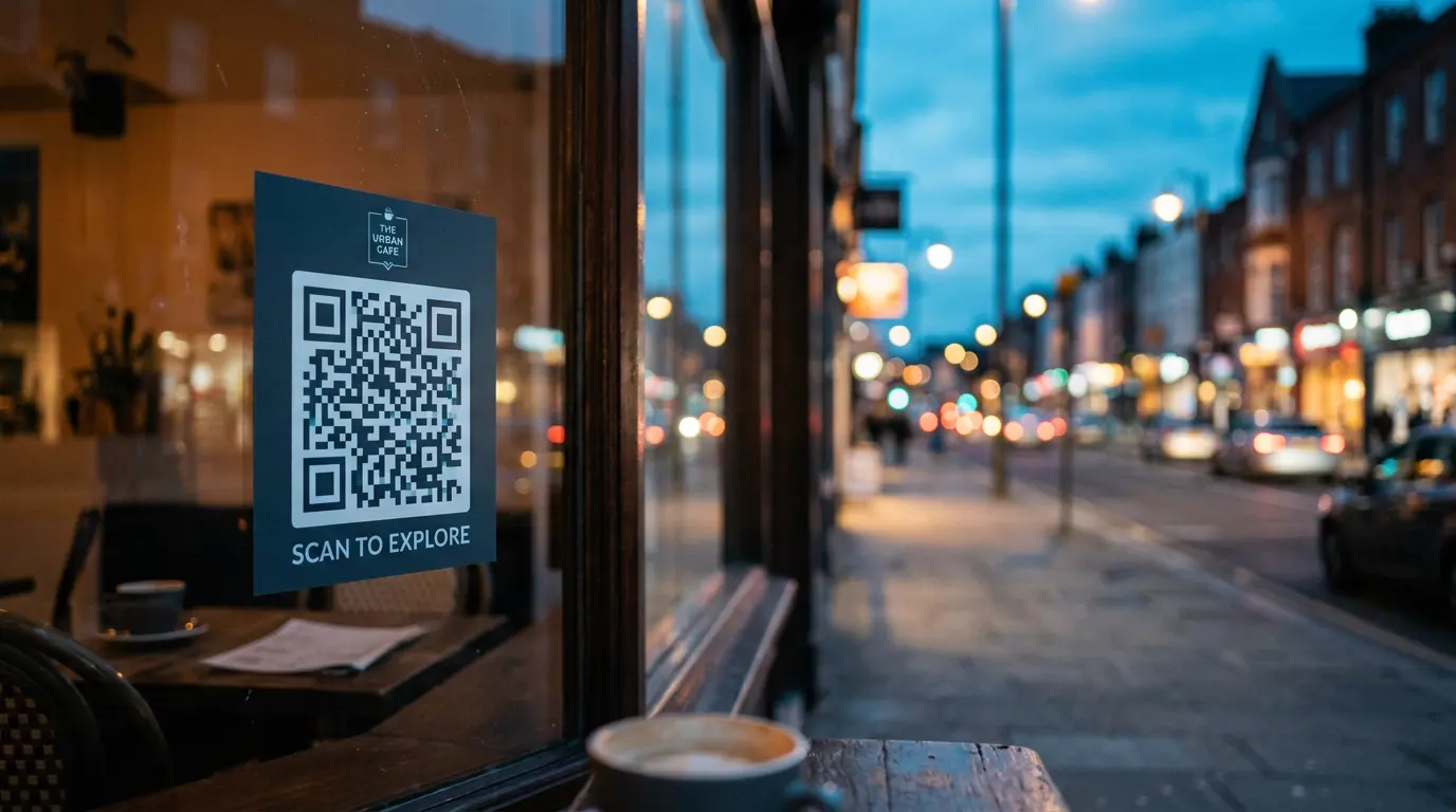 Cartel con QR en el escaparate de un local al anochecer